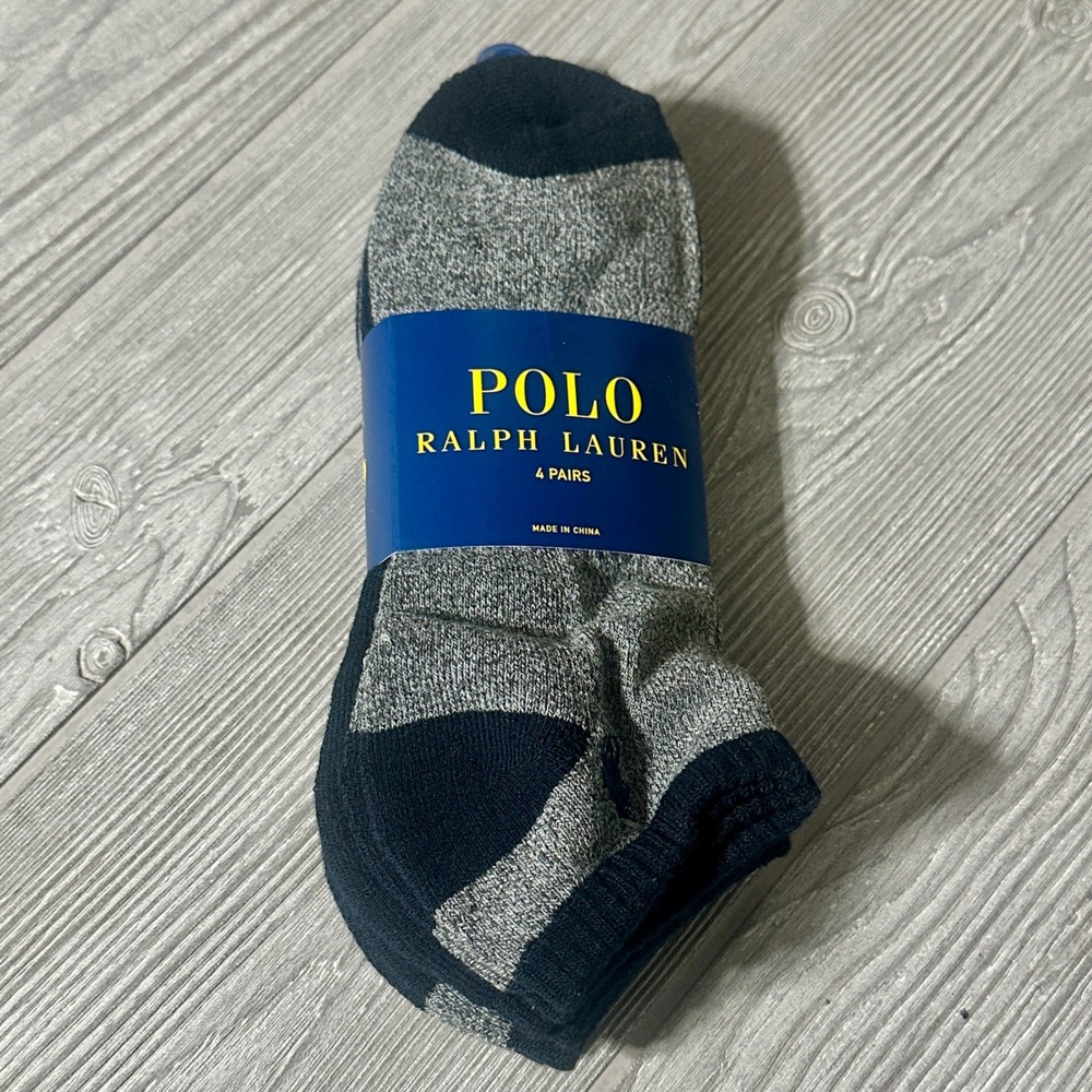 Polo Ralph Lauren Mens Low Cut Socks 4 Pairs Navy Grey No Show Fits Shoe 6-12.5